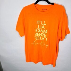 Gildan Men's Tee Shirt Size Large‎ L Orange Vibrant Color Bold Print Tee